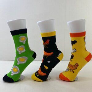 Unisex Crew Socks Set 3 Eggs Chickens Roosters Chicks Print Green Black Yellow